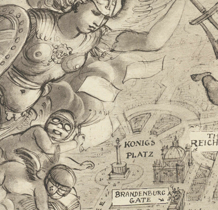 Old Map of Berlin, 1939 by Rex Whistler - Satirical World War 2 Propaganda - Hitler, Goebbels, Cherubs, Goddess Britannia