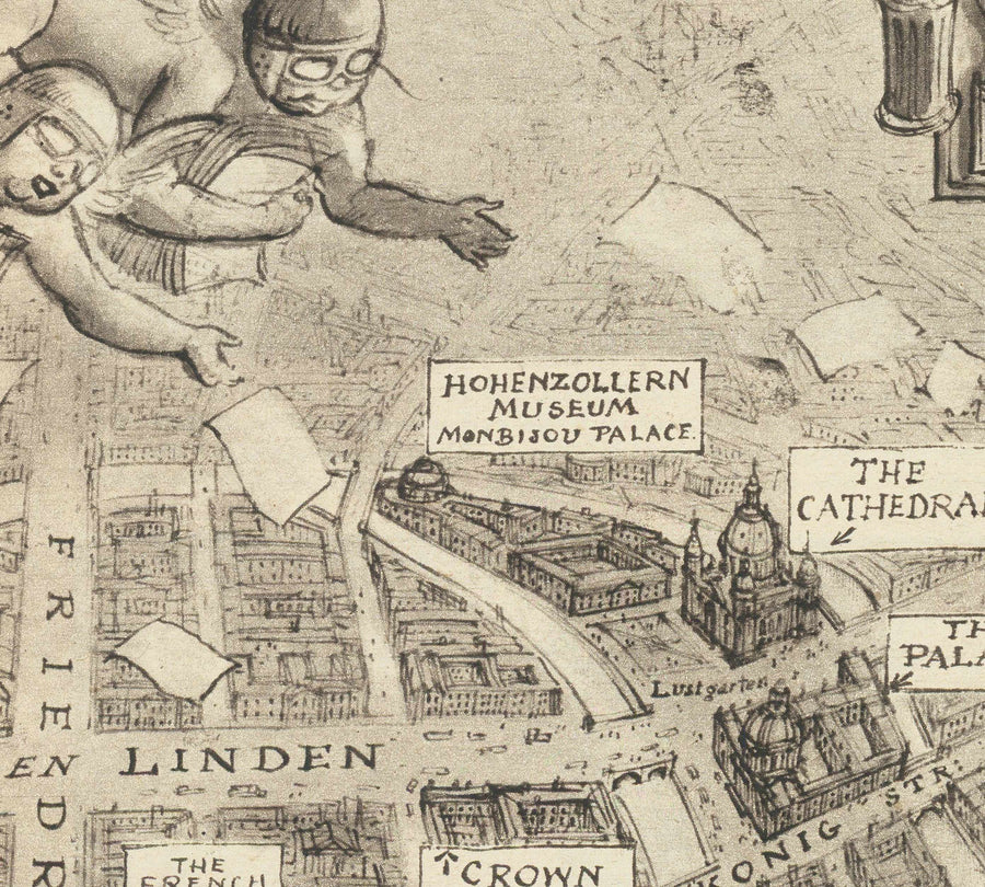 Old Map of Berlin, 1939 by Rex Whistler - Satirical World War 2 Propaganda - Hitler, Goebbels, Cherubs, Goddess Britannia