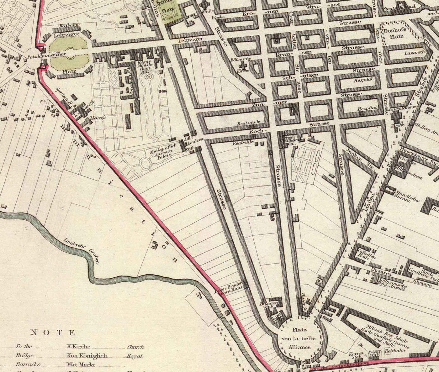 Mapa antiguo de Berlín en 1833 por SDUK - Alemania, Tiergarten, Alexanderplatz, Muro de Berlín, Puerta de Brandemburgo