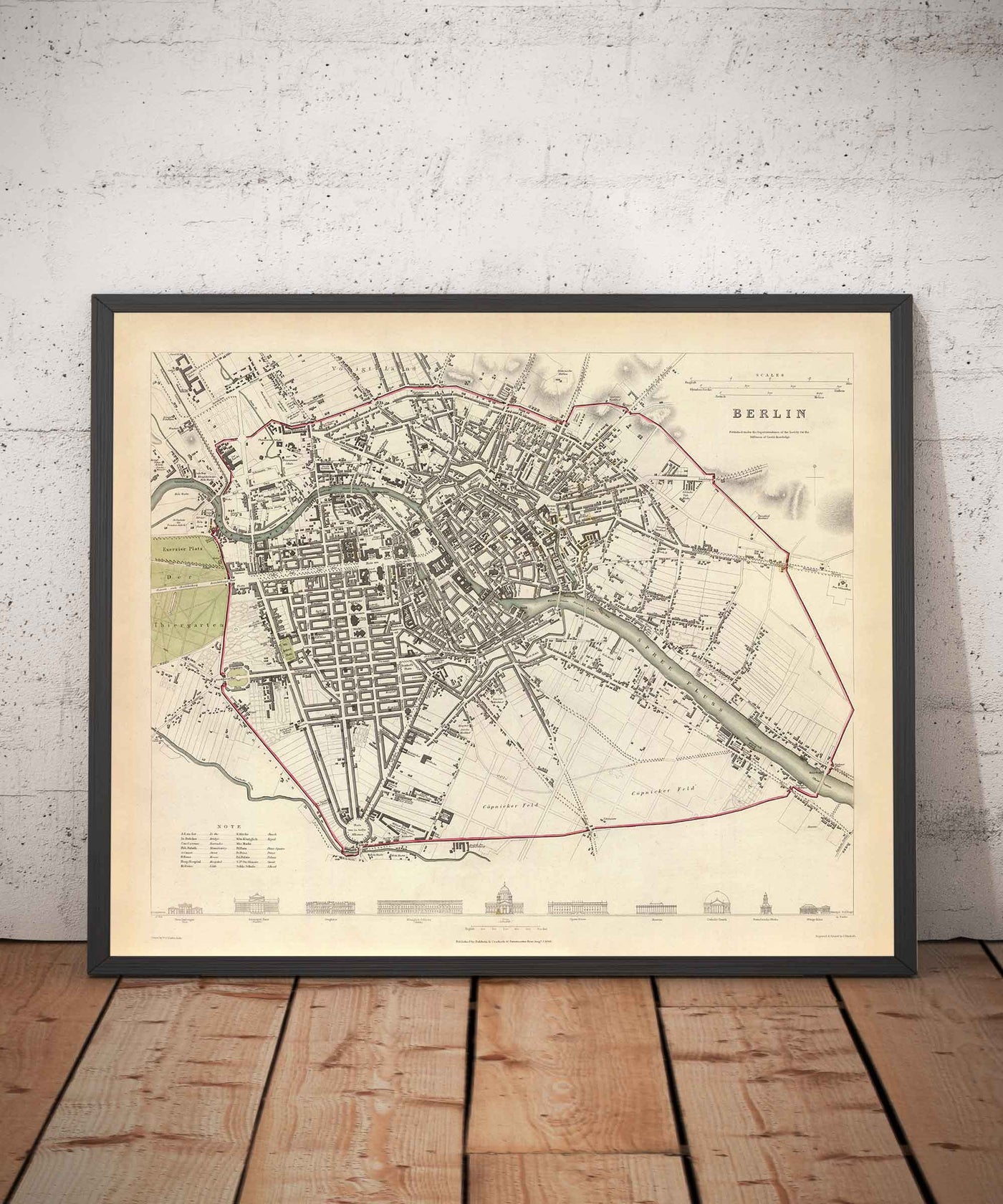 Mapa antiguo de Berlín en 1833 por SDUK - Alemania, Tiergarten, Alexanderplatz, Muro de Berlín, Puerta de Brandemburgo