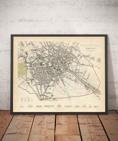 Mapa antiguo de Berlín en 1833 por SDUK - Alemania, Tiergarten, Alexanderplatz, Muro de Berlín, Puerta de Brandemburgo
