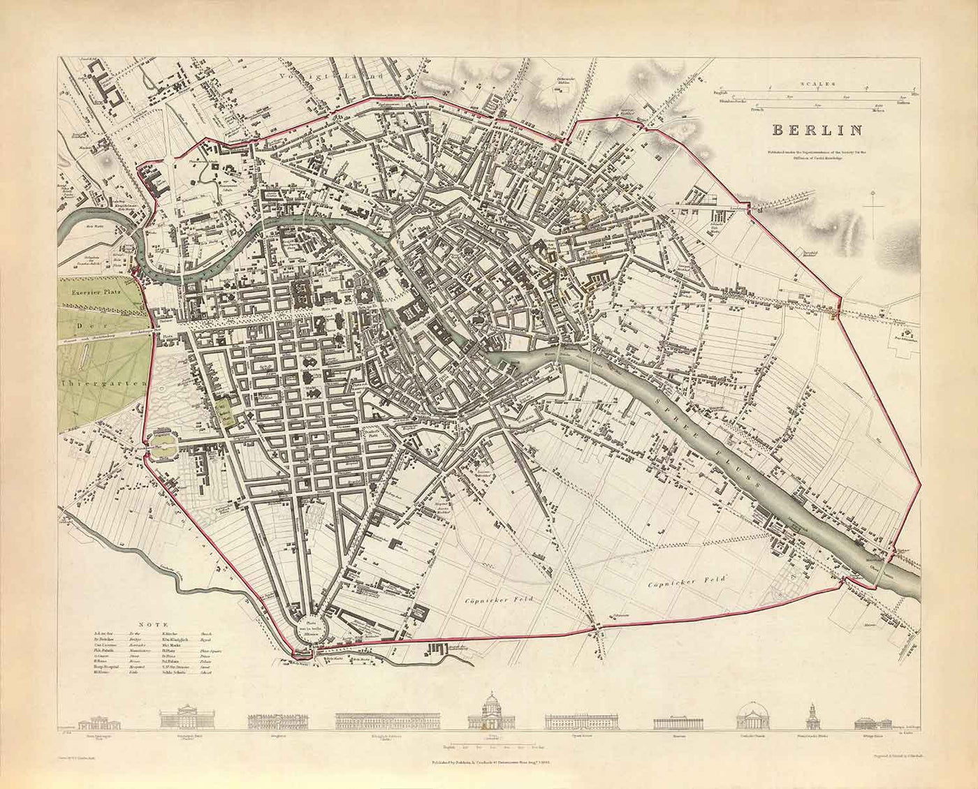 Mapa antiguo de Berlín en 1833 por SDUK - Alemania, Tiergarten, Alexanderplatz, Muro de Berlín, Puerta de Brandemburgo