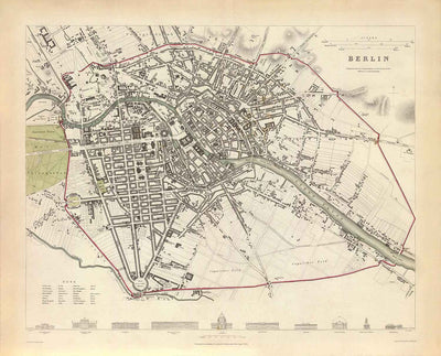 Mapa antiguo de Berlín en 1833 por SDUK - Alemania, Tiergarten, Alexanderplatz, Muro de Berlín, Puerta de Brandemburgo