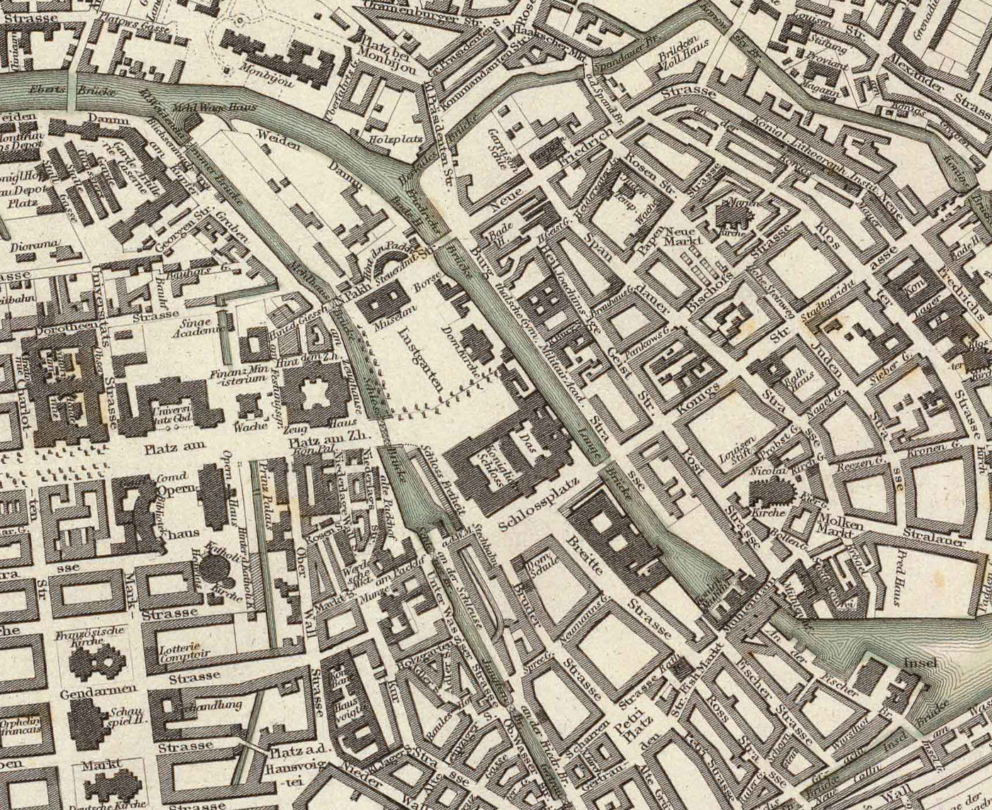Mapa antiguo de Berlín en 1833 por SDUK - Alemania, Tiergarten, Alexanderplatz, Muro de Berlín, Puerta de Brandemburgo