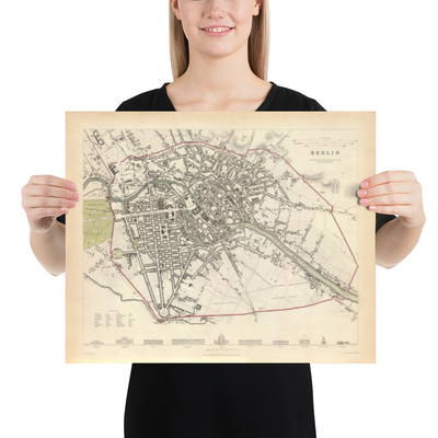 Mapa antiguo de Berlín en 1833 por SDUK - Alemania, Tiergarten, Alexanderplatz, Muro de Berlín, Puerta de Brandemburgo