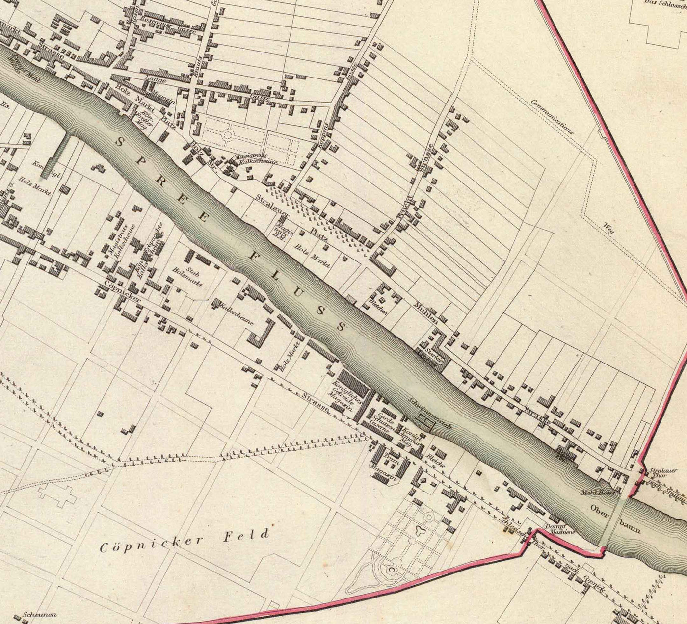 Mapa antiguo de Berlín en 1833 por SDUK - Alemania, Tiergarten, Alexanderplatz, Muro de Berlín, Puerta de Brandemburgo