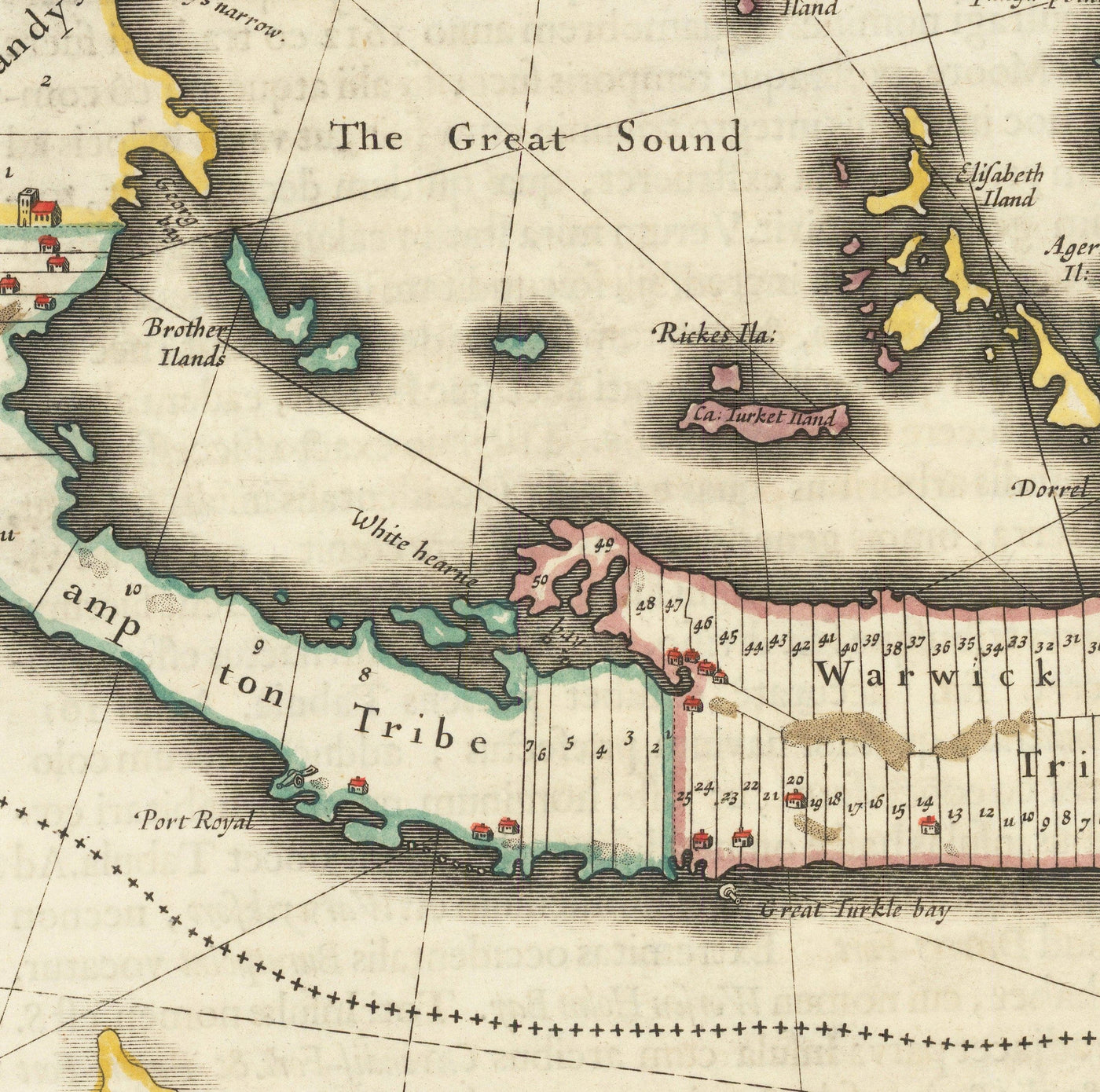 Mapa antiguo de las Bermudas, 1640 por Willem Blaeu - Tribus y Parroquias de las Islas Somers