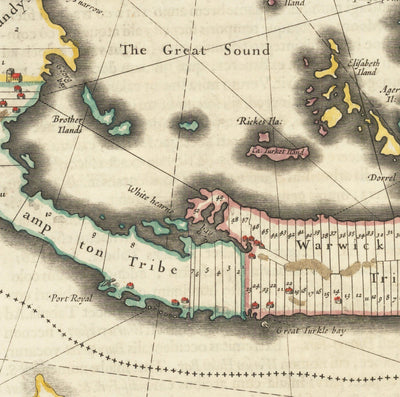 Mapa antiguo de las Bermudas, 1640 por Willem Blaeu - Tribus y Parroquias de las Islas Somers