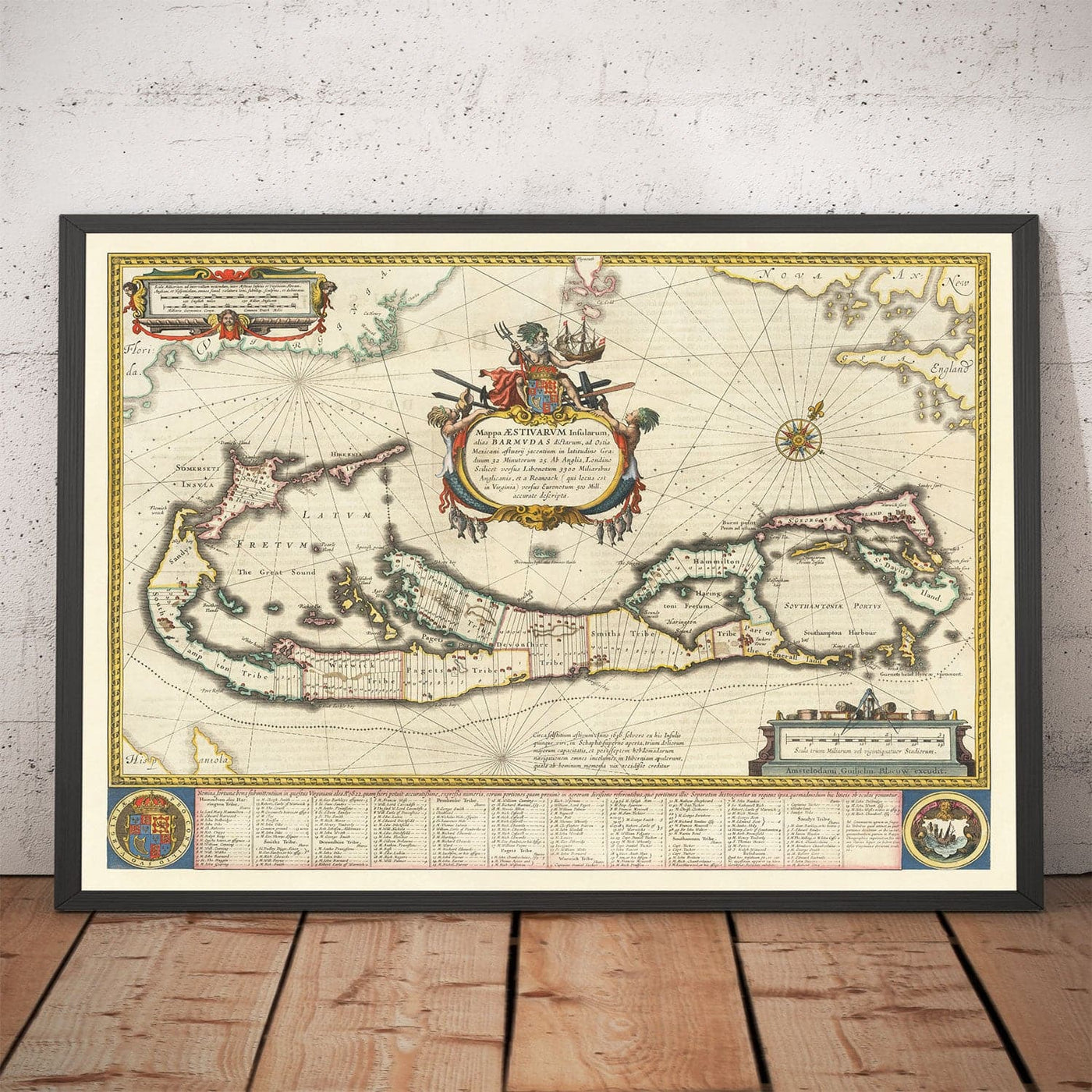 Mapa antiguo de las Bermudas, 1640 por Willem Blaeu - Tribus y Parroquias de las Islas Somers