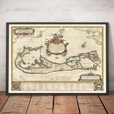 Mapa antiguo de las Bermudas, 1640 por Willem Blaeu - Tribus y Parroquias de las Islas Somers