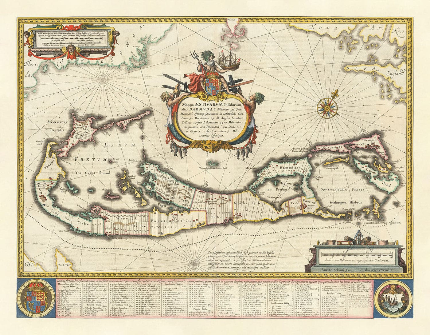 Mapa antiguo de las Bermudas, 1640 por Willem Blaeu - Tribus y Parroquias de las Islas Somers