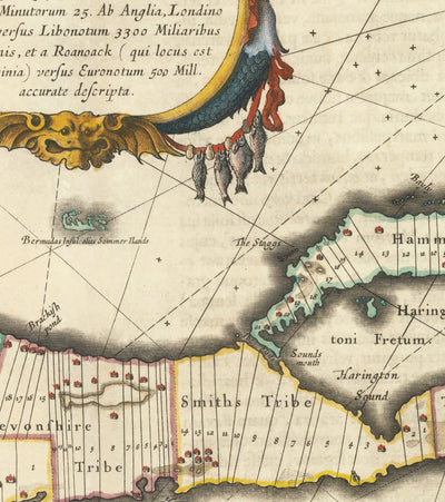 Mapa antiguo de las Bermudas, 1640 por Willem Blaeu - Tribus y Parroquias de las Islas Somers