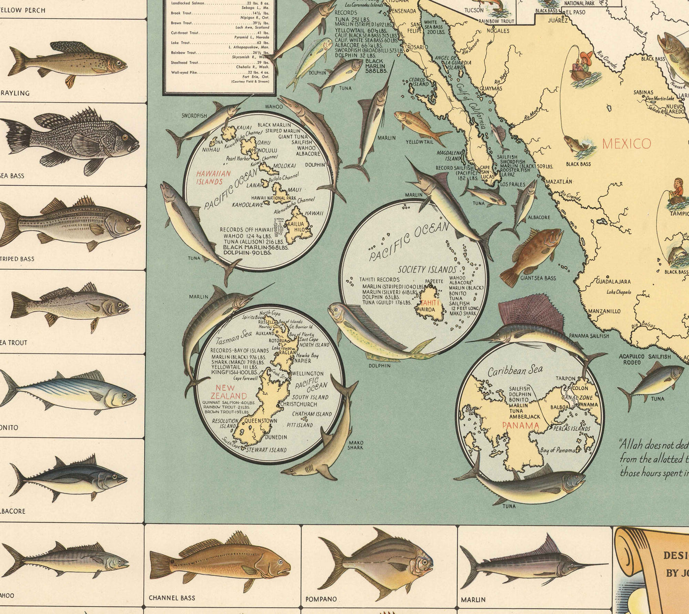 Ancienne carte picturale des États-Unis pour le gros gibier, 1936 - Alaska, Floride, Michigan, Minnesota, Louisiane