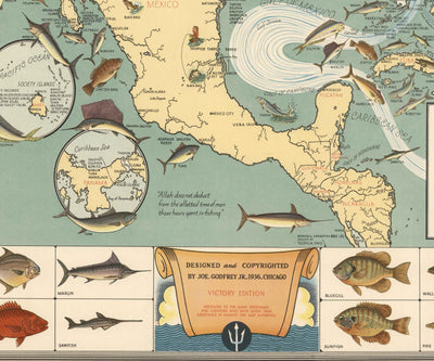 Ancienne carte picturale des États-Unis pour le gros gibier, 1936 - Alaska, Floride, Michigan, Minnesota, Louisiane