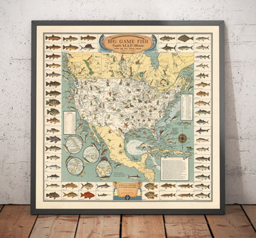 Mappa Pictoriale Antica dei Pesci di Grande Gioco degli USA, 1936 - Alaska, Florida, Michigan, Minnesota, Louisiana 