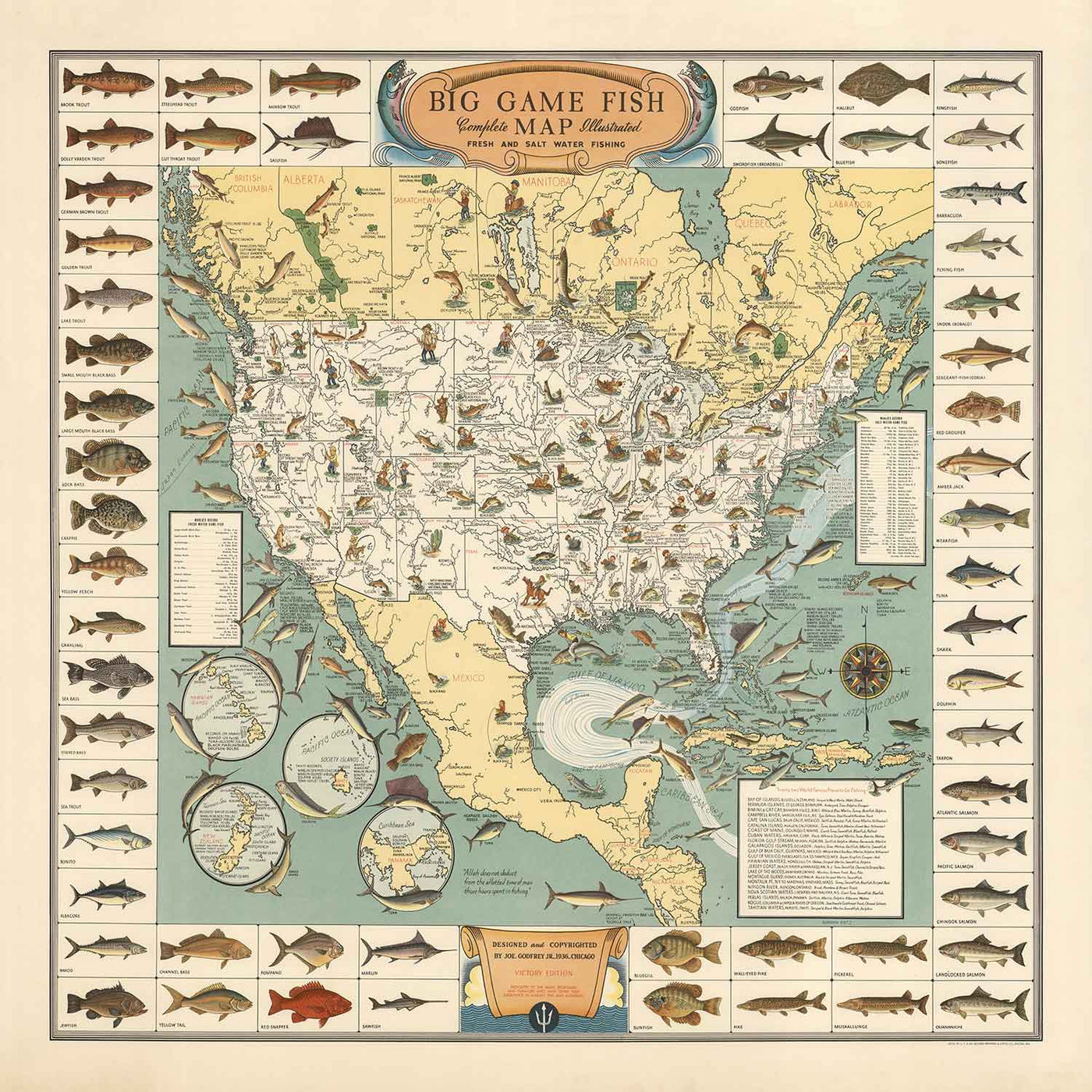 Ancienne carte picturale des États-Unis pour le gros gibier, 1936 - Alaska, Floride, Michigan, Minnesota, Louisiane
