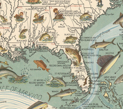 Ancienne carte picturale des États-Unis pour le gros gibier, 1936 - Alaska, Floride, Michigan, Minnesota, Louisiane
