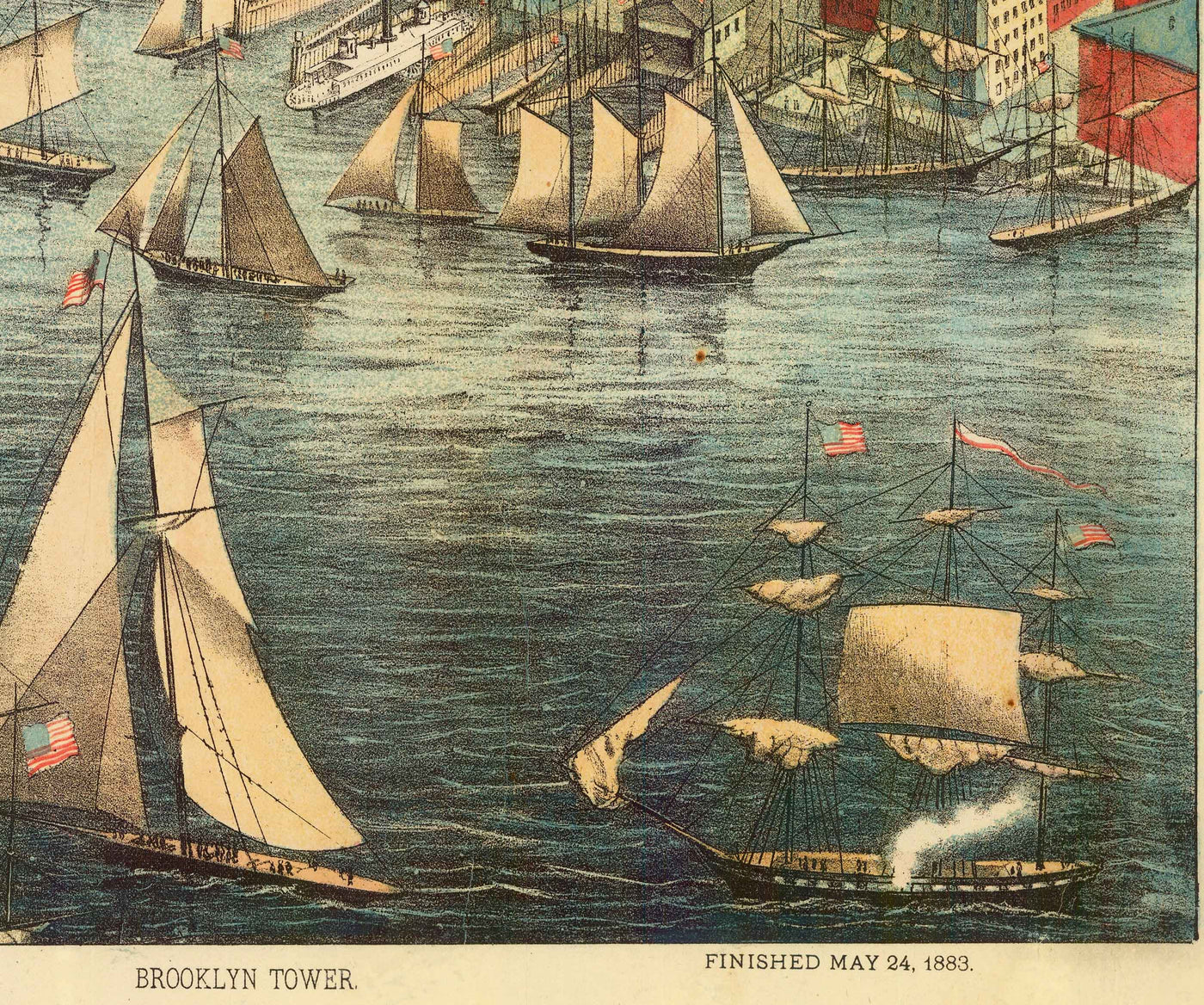 Ancienne vue à vol d'oiseau du pont de Brooklyn en 1883 - Great Suspension Bridge, New York City, East River, Brooklyn Tower