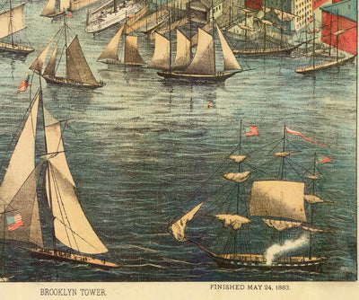Ancienne vue à vol d'oiseau du pont de Brooklyn en 1883 - Great Suspension Bridge, New York City, East River, Brooklyn Tower