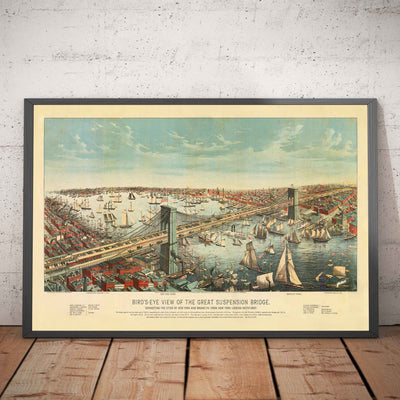 Ancienne vue à vol d'oiseau du pont de Brooklyn en 1883 - Great Suspension Bridge, New York City, East River, Brooklyn Tower