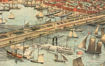 Ancienne vue à vol d'oiseau du pont de Brooklyn en 1883 - Great Suspension Bridge, New York City, East River, Brooklyn Tower