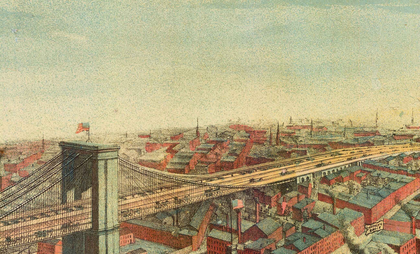 Ancienne vue à vol d'oiseau du pont de Brooklyn en 1883 - Great Suspension Bridge, New York City, East River, Brooklyn Tower