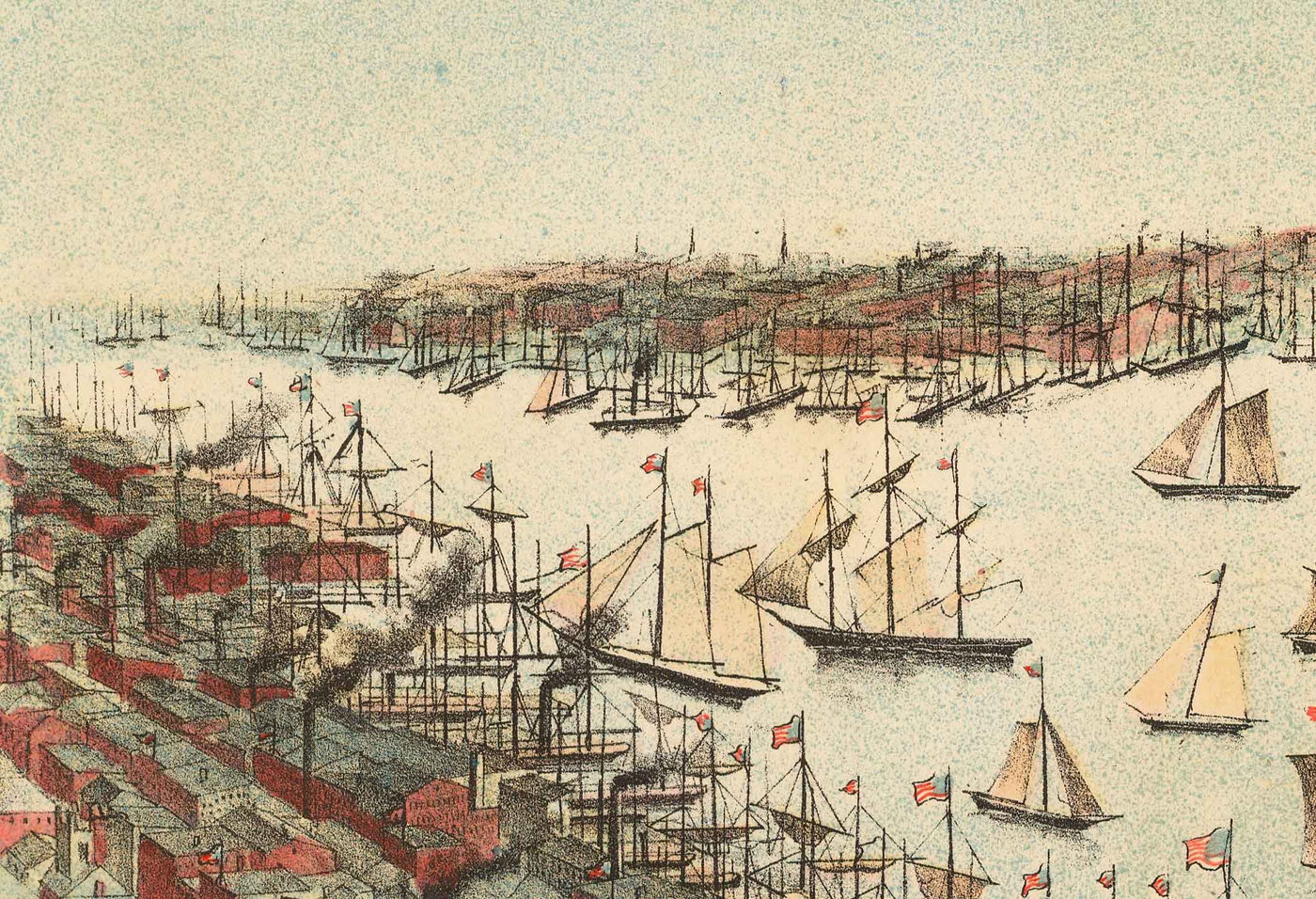 Ancienne vue à vol d'oiseau du pont de Brooklyn en 1883 - Great Suspension Bridge, New York City, East River, Brooklyn Tower