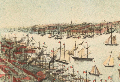 Ancienne vue à vol d'oiseau du pont de Brooklyn en 1883 - Great Suspension Bridge, New York City, East River, Brooklyn Tower