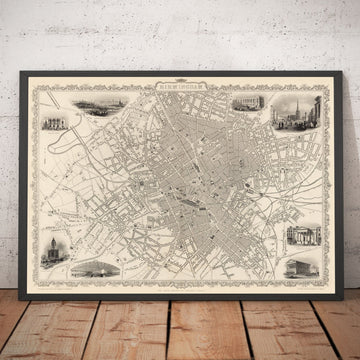 Old Map of Birmingham in 1851 by J. & F. Tallis - Midlands, Brum, City Wall Art
