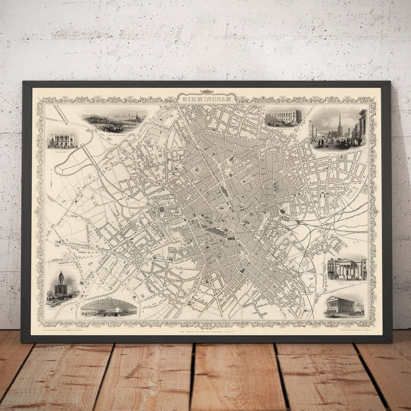 Old Map of Birmingham in 1851 by J. & F. Tallis - Midlands, Brum, City Wall Art
