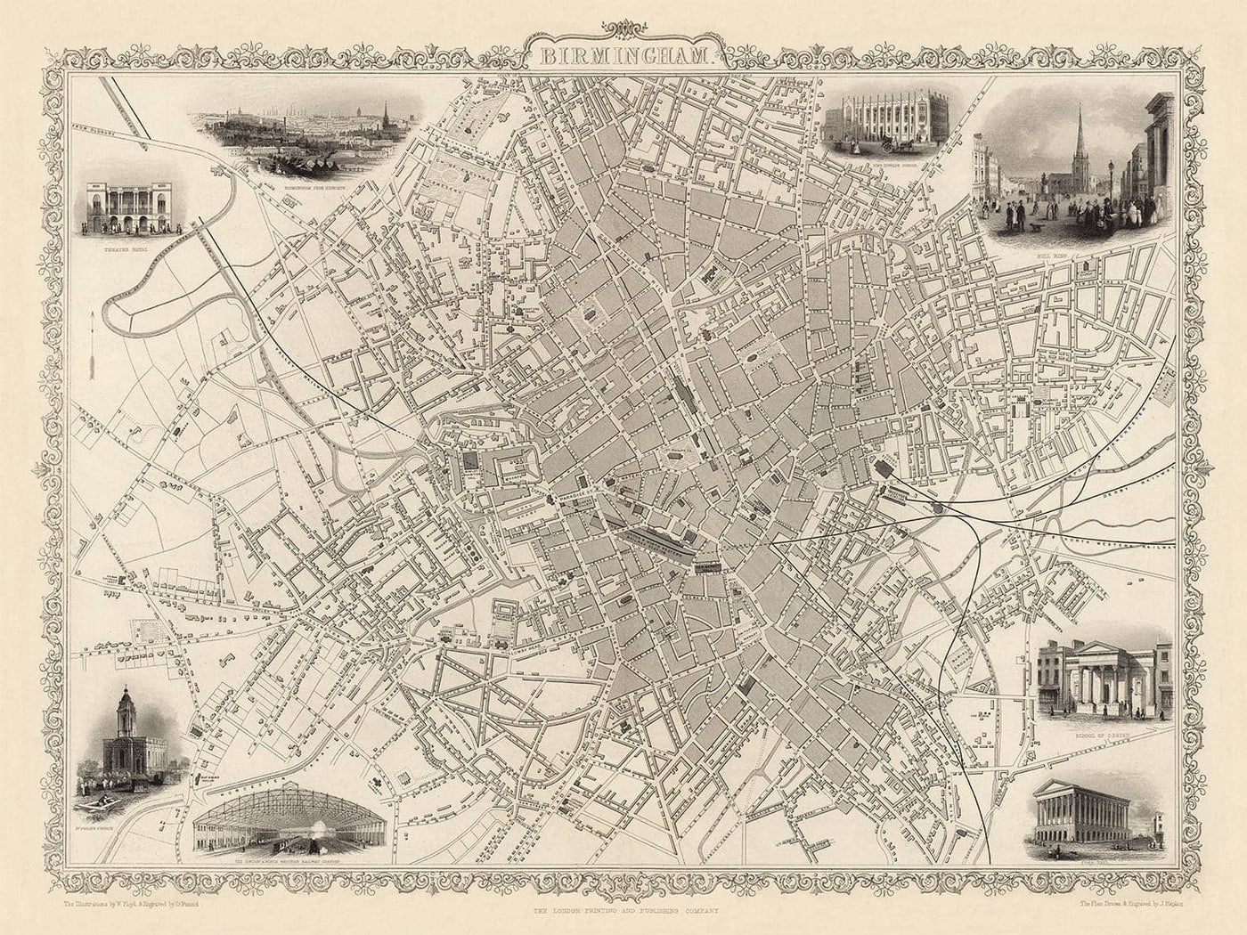 Old Map of Birmingham in 1851 by J. & F. Tallis - Midlands, Brum, City Wall Art