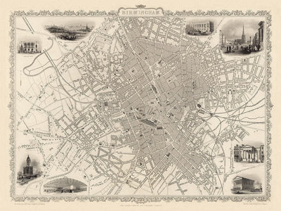 Old Map of Birmingham in 1851 by J. & F. Tallis - Midlands, Brum, City Wall Art