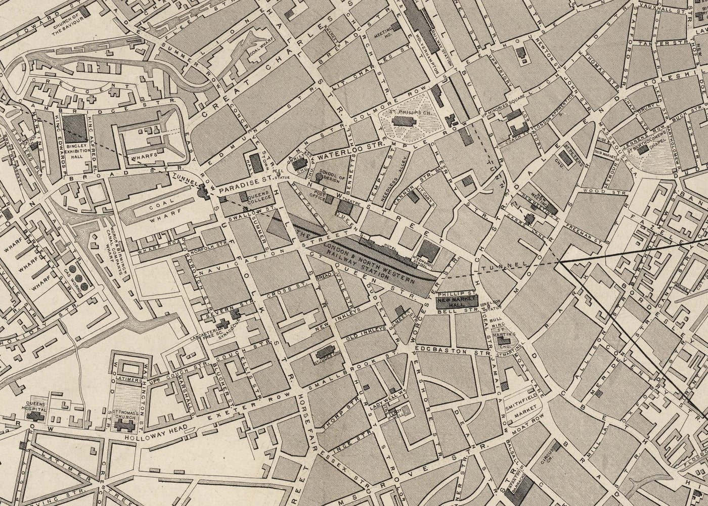 Old Map of Birmingham in 1851 by J. & F. Tallis - Midlands, Brum, City Wall Art