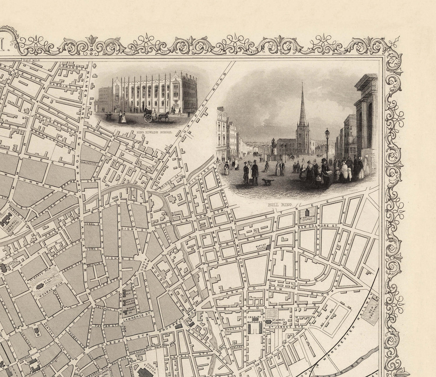 Old Map of Birmingham in 1851 by J. & F. Tallis - Midlands, Brum, City Wall Art