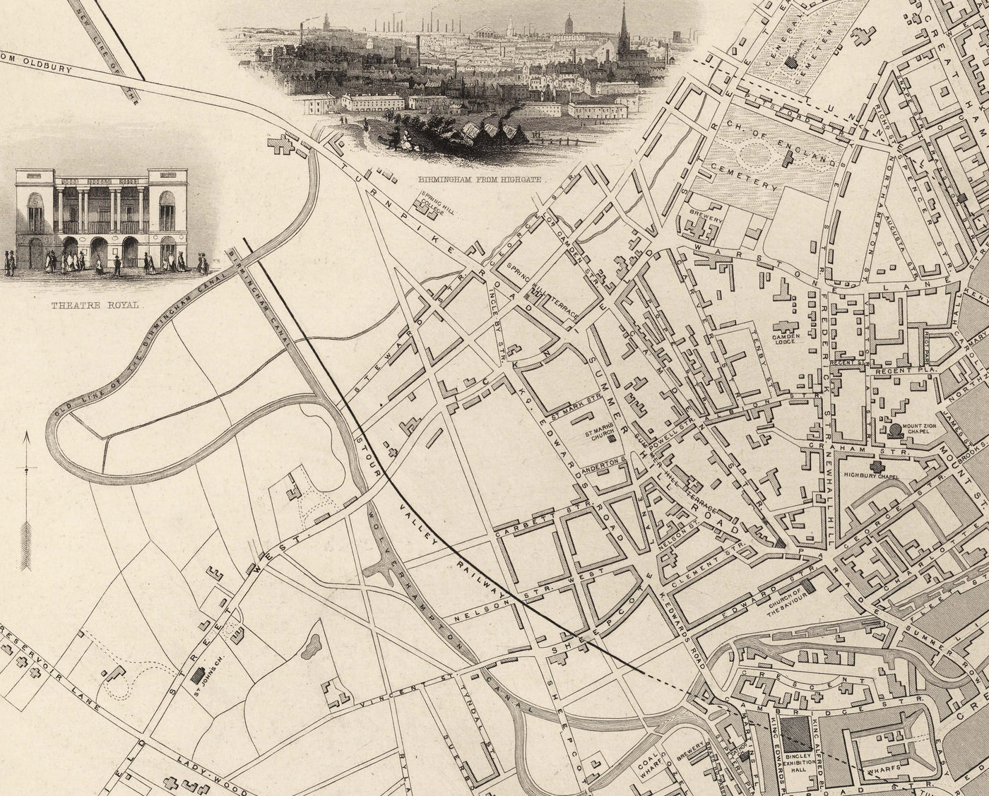 Old Map of Birmingham in 1851 by J. & F. Tallis - Midlands, Brum, City Wall Art