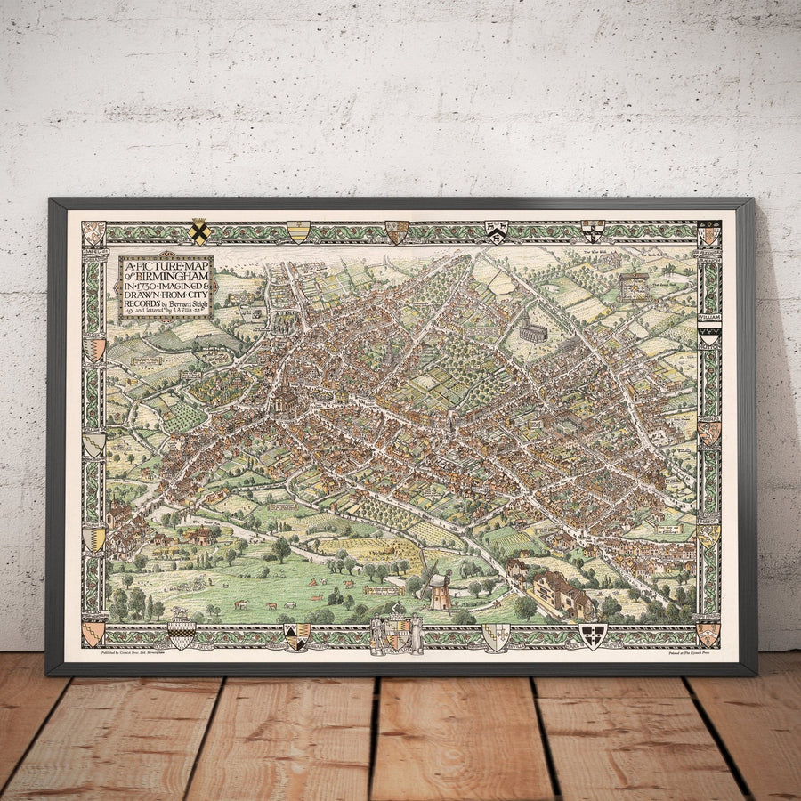 Antica mappa pittorica di Birmingham nel 1730 di Bernard Sleigh 