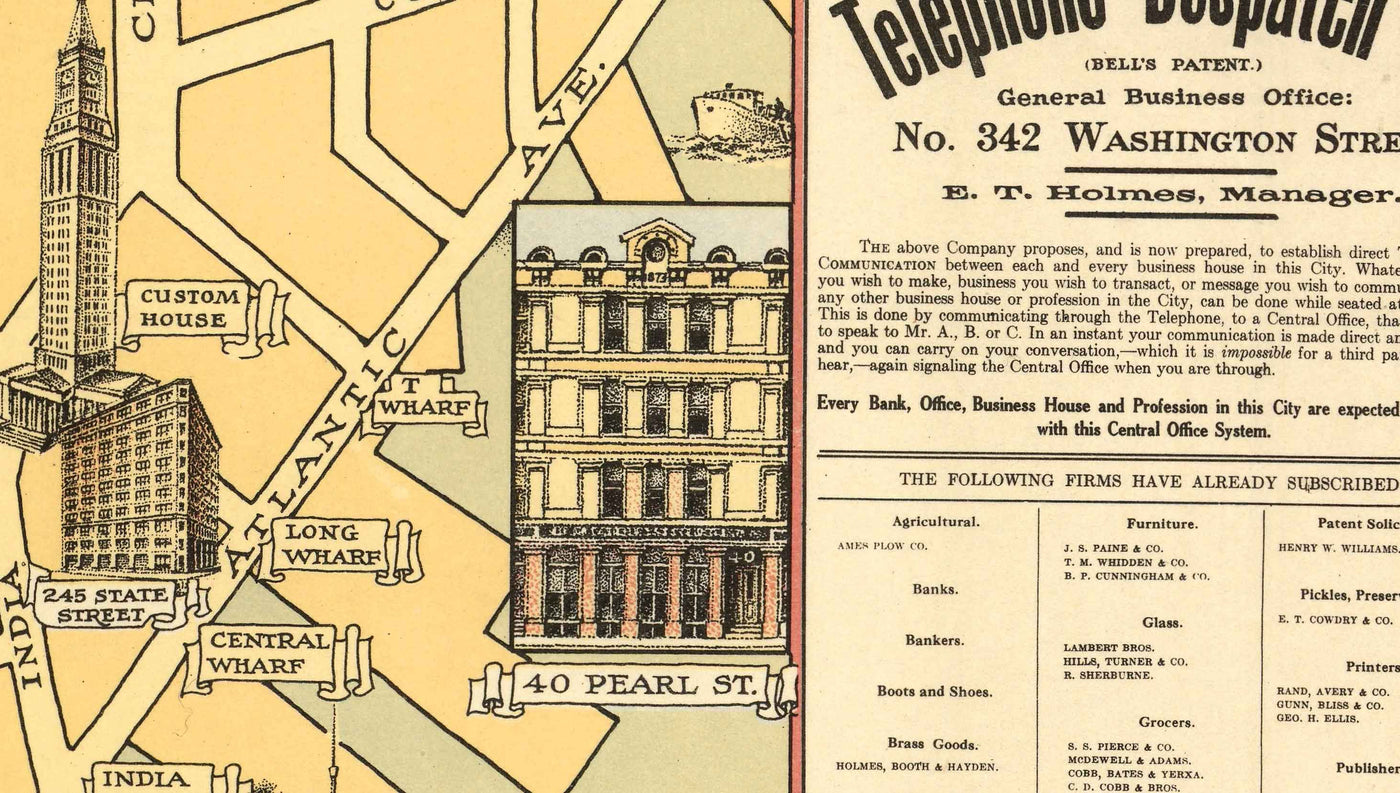 Antiguo mapa pictórico de Boston, 1947 Ernest Dudley Chase - Nacimiento del teléfono, Graham Bell, Beacon Hill, Centro de la ciudad