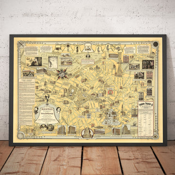 Vecchia mappa pittorica di Boston, 1947 Ernest Dudley Chase - Nascita del telefono, Graham Bell, Beacon Hill, Centro città 