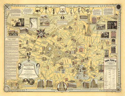 Antiguo mapa pictórico de Boston, 1947 Ernest Dudley Chase - Nacimiento del teléfono, Graham Bell, Beacon Hill, Centro de la ciudad