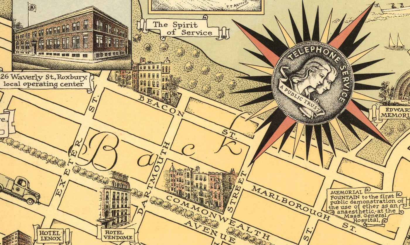 Antiguo mapa pictórico de Boston, 1947 Ernest Dudley Chase - Nacimiento del teléfono, Graham Bell, Beacon Hill, Centro de la ciudad