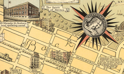 Antiguo mapa pictórico de Boston, 1947 Ernest Dudley Chase - Nacimiento del teléfono, Graham Bell, Beacon Hill, Centro de la ciudad