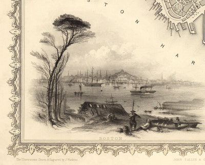 Mapa antiguo de Boston, Massachusetts en 1851 por Tallis & Rapkin