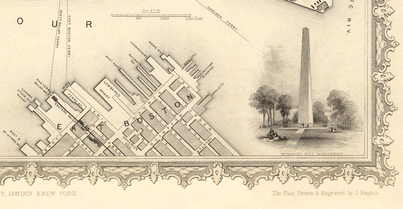 Mapa antiguo de Boston, Massachusetts en 1851 por Tallis & Rapkin
