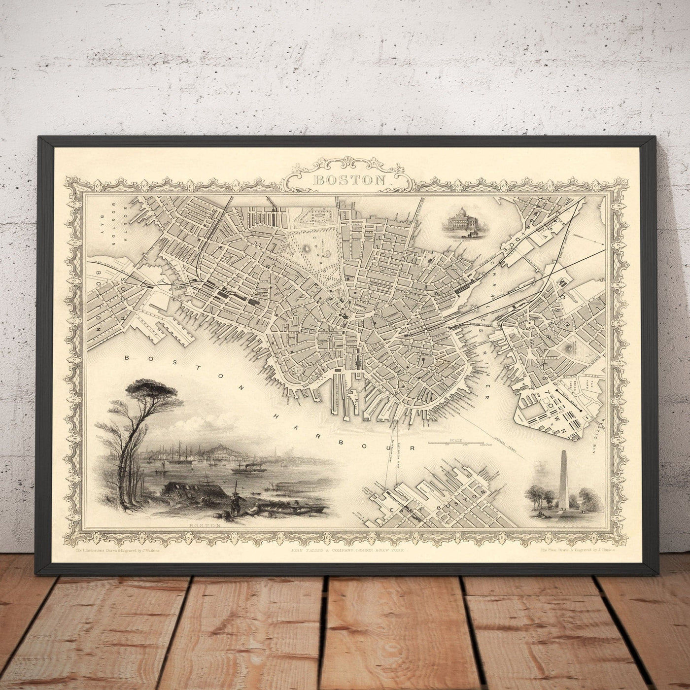 Mapa antiguo de Boston, Massachusetts en 1851 por Tallis & Rapkin