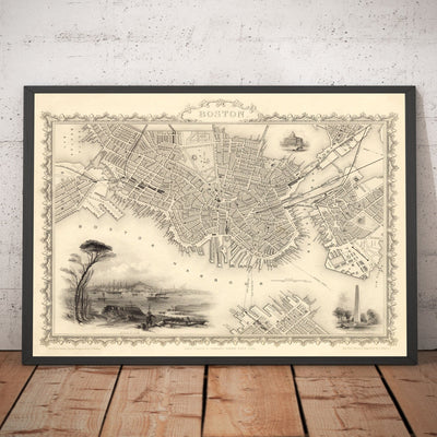 Mapa antiguo de Boston, Massachusetts en 1851 por Tallis & Rapkin