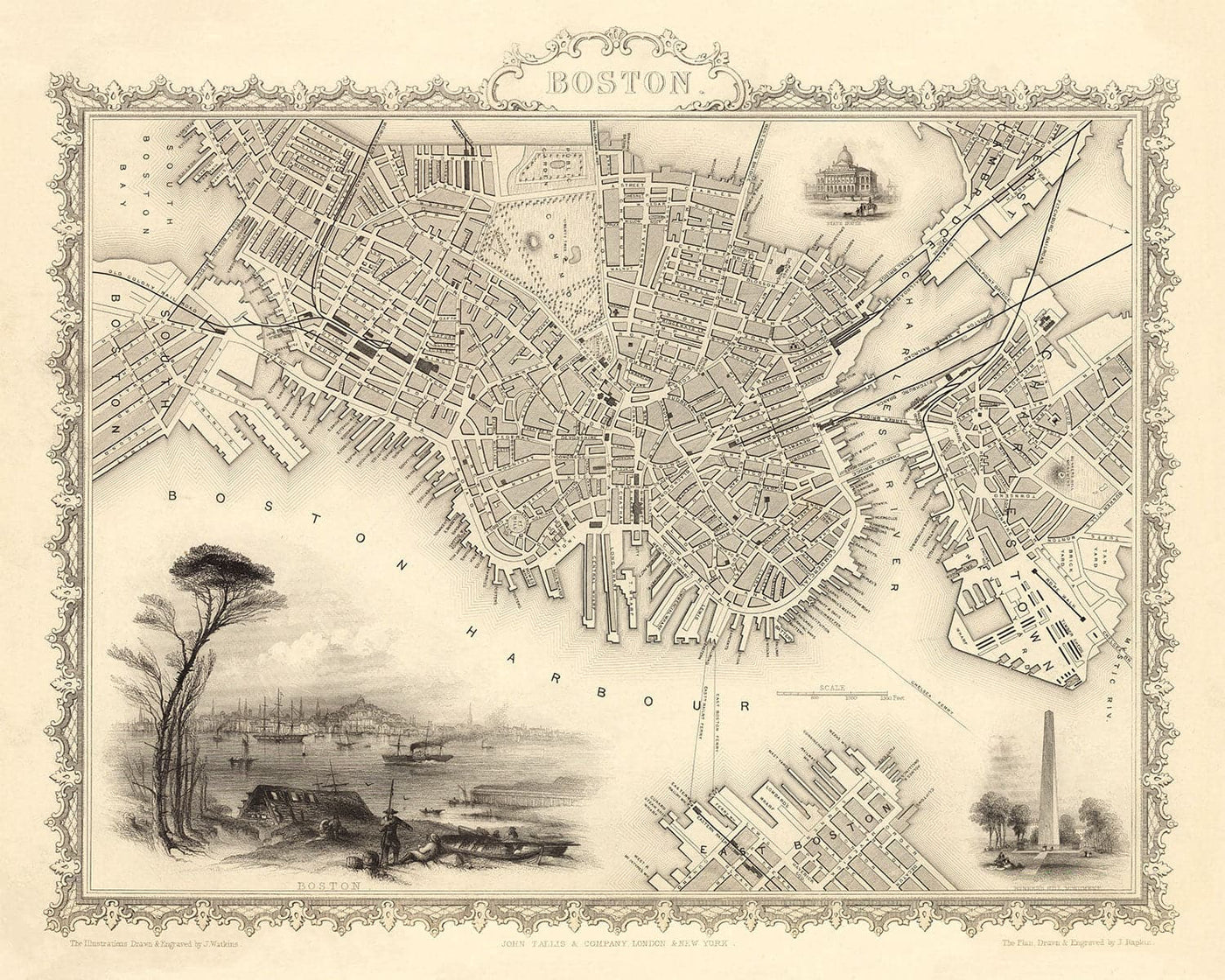 Mapa antiguo de Boston, Massachusetts en 1851 por Tallis & Rapkin