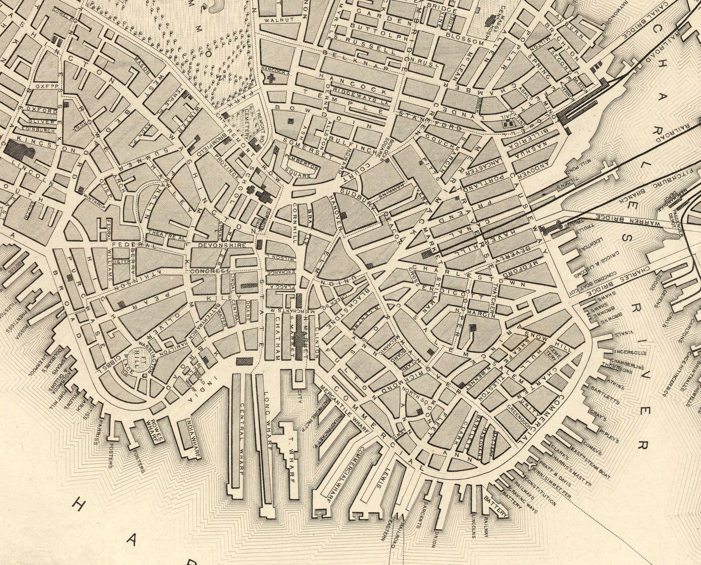Mapa antiguo de Boston, Massachusetts en 1851 por Tallis & Rapkin