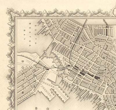 Mapa antiguo de Boston, Massachusetts en 1851 por Tallis & Rapkin