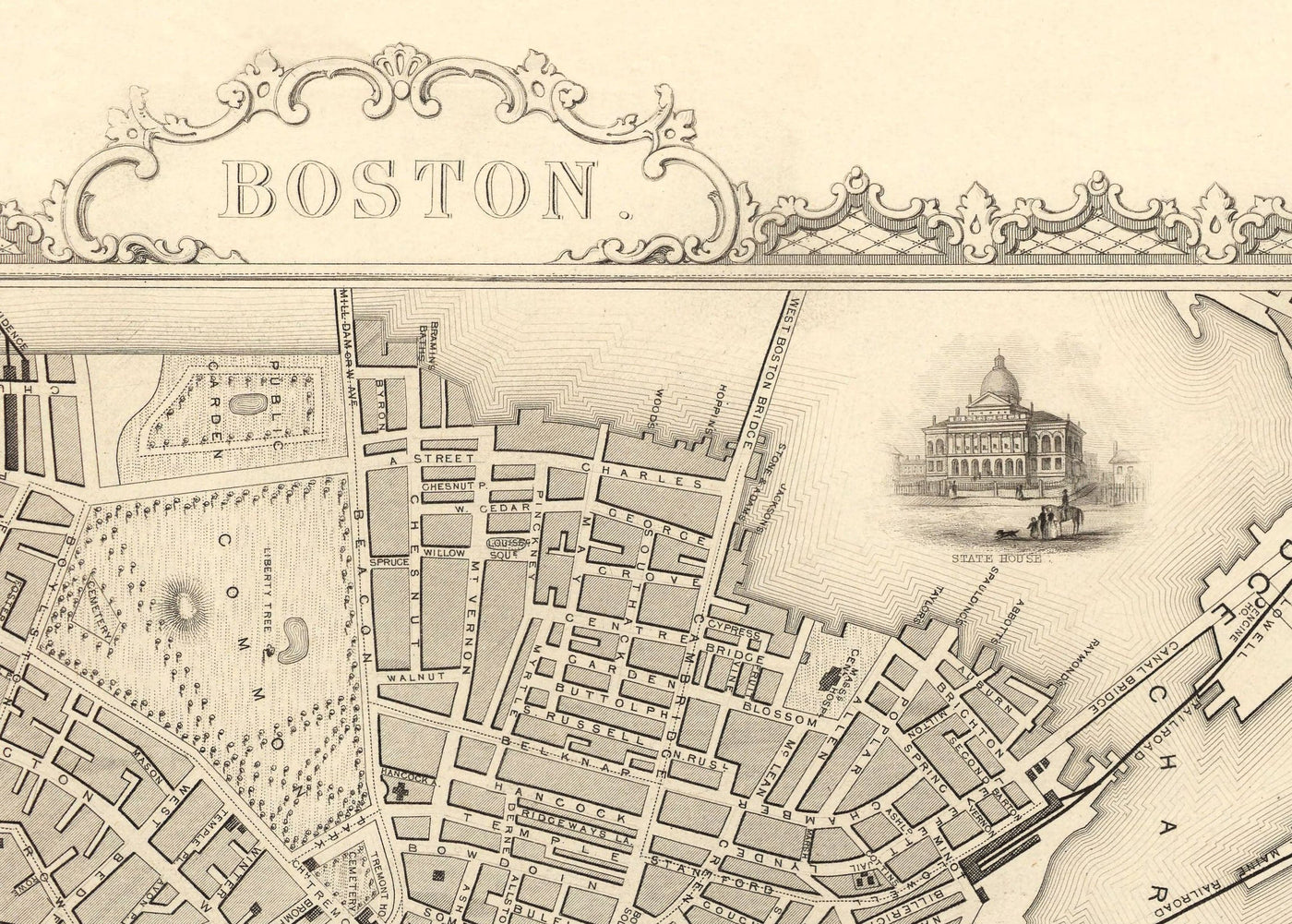 Mapa antiguo de Boston, Massachusetts en 1851 por Tallis & Rapkin
