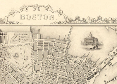 Mapa antiguo de Boston, Massachusetts en 1851 por Tallis & Rapkin